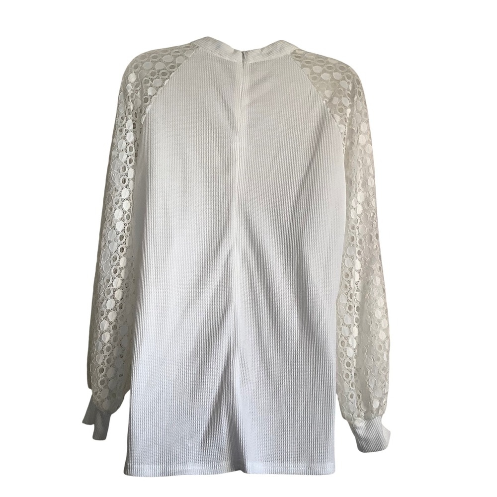 MIHOLL White Mock Neck‎ Waffle Knit Dainty Boho Lace Sleeve Blouse Top Women's M - Picture 3 of 11